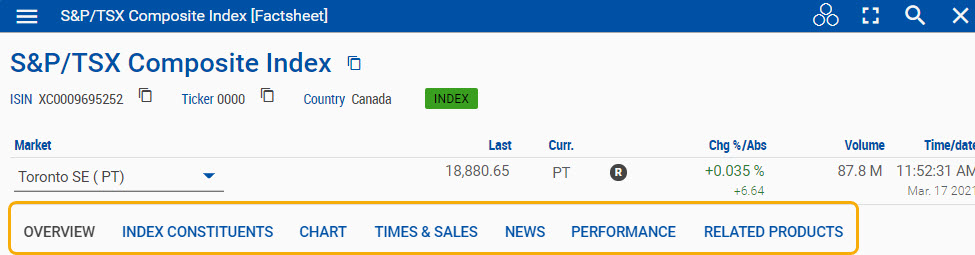 Index fund Factsheet tabs highlighted.